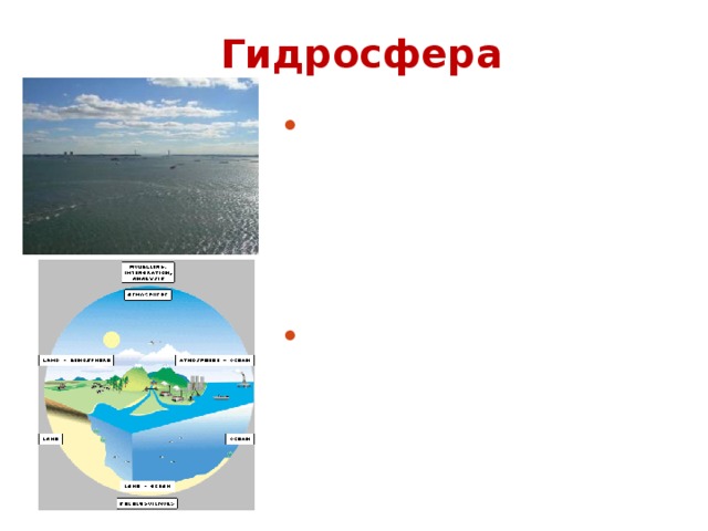 Гидросфера Гидросфера - водная оболочка Земли, включающая все воды, находящиеся в жидком, твердом и газообразном состояниях. Гидросфера включает воды океанов, морей, подземные воды и поверхностные воды суши. Некоторое количество воды содержится в атмосфере и в живых организмах. Свыше 96% объема гидросферы составляют моря и океаны, около 2% - подземные воды, около 2% - льды и снега, около 0,02% - поверхностные воды суши. 