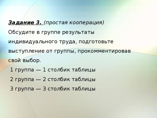 Задание 3. (простая кооперация)  Обсудите в группе результаты индивидуального труда, подготовьте выступление от группы, прокомментировав свой выбор.  1 группа — 1 столбик таблицы  2 группа — 2 столбик таблицы  3 группа — 3 столбик таблицы 