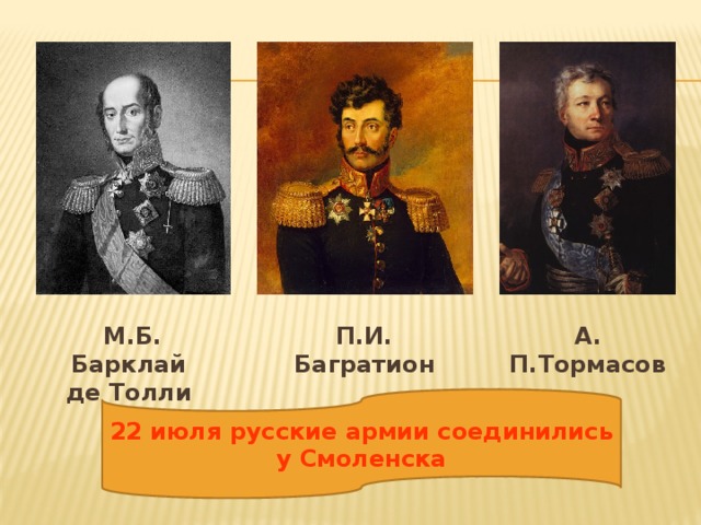 М.Б. Барклай П.И. Багратион А. П.Тормасов де Толли 22 июля русские армии соединились у Смоленска 