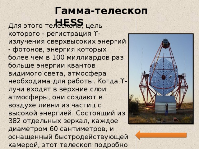 Гамма-телескоп HESS Для этого телескопа, цель которого - регистрация ϒ-излучения сверхвысоких энергий - фотонов, энергия которых более чем в 100 миллиардов раз больше энергии квантов видимого света, атмосфера необходима для работы. Когда ϒ-лучи входят в верхние слои атмосферы, они создают в воздухе ливни из частиц с высокой энергией. Состоящий из 382 отдельных зеркал, каждое диаметром 60 сантиметров, и оснащенный быстродействующей камерой, этот телескоп подробно регистрирует короткие вспышки видимого света. 