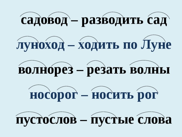 садовод – разводить сад луноход – ходить по Луне волнорез – резать волны носорог – носить рог пустослов – пустые слова 