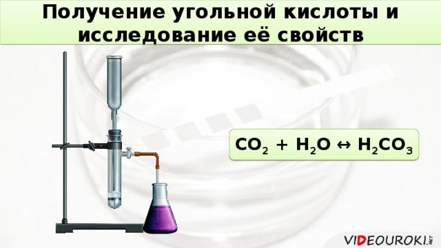 Получение угольной кислоты и исследование её свойств СО 2 + Н 2 О ↔ Н 2 СО 3 