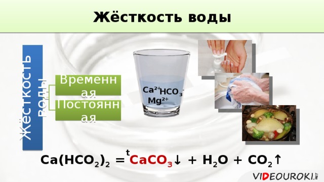 Жёсткость воды Жёсткость воды Временная Ca 2+ HCO 3 - Mg 2+ Постоянная t Ca(HCO 2 ) 2 = CaCO 3 ↓ + H 2 O + CO 2 ↑ 