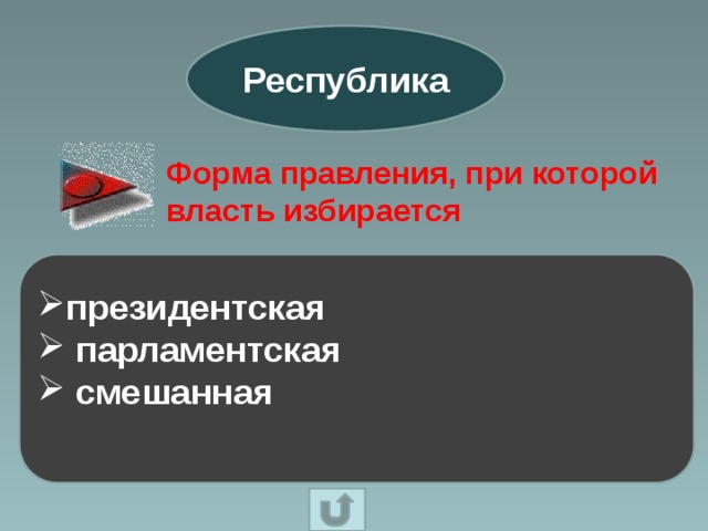 Республика Форма правления, при которой власть избирается президентская  парламентская  смешанная 