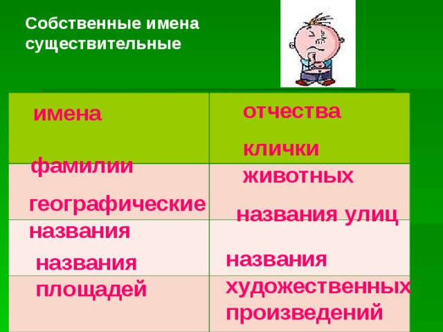 Собственные имена существительные отчества  имена клички животных фамилии географические названия названия улиц названия художественных произведений  названия площадей 
