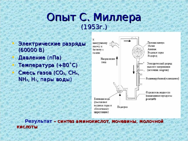 Опыт С. Миллера  (1953г.) Электрические разряды (60000 В) Давление ( n Па) Температура (+80˚С) Смесь газов ( CO 2 , CH 4 , NH 3 , H 2 , пары воды )      Результат  – синтез аминокислот, мочевины, молочной кислоты 