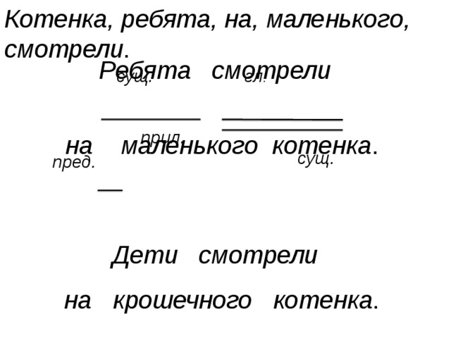Котенка, ребята, на, маленького, смотрели . Ребята смотрели на маленького котенка . гл . сущ. прил. сущ. пред. Дети смотрели на крошечного котенка . 