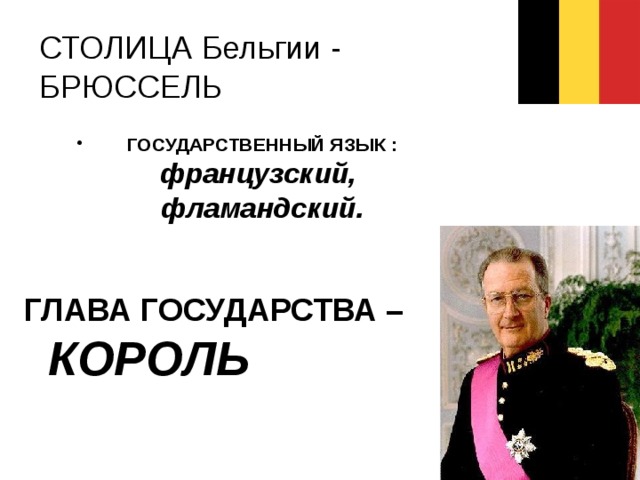 СТОЛИЦА Бельгии - БРЮССЕЛЬ ГОСУДАРСТВЕННЫЙ ЯЗЫК :  французский,  фламандский. ГЛАВА ГОСУДАРСТВА – КОРОЛЬ 