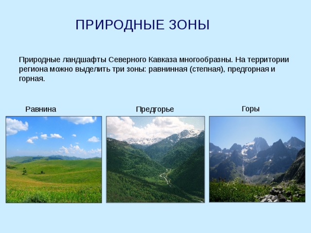 ПРИРОДНЫЕ ЗОНЫ Природные ландшафты Северного Кавказа многообразны. На территории региона можно выделить три зоны: равнинная (степная), предгорная и горная. Горы Равнина Предгорье 