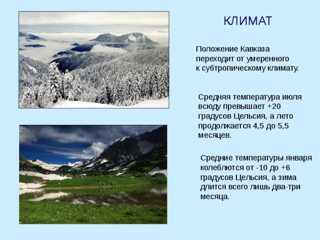КЛИМАТ Положение Кавказа переходит от умеренного к субтропическому климату. Средняя температура июля всюду превышает +20 градусов Цельсия, а лето продолжается 4,5 до 5,5 месяцев. Средние температуры января колеблются от -10 до +6 градусов Цельсия, а зима длится всего лишь два-три месяца. 