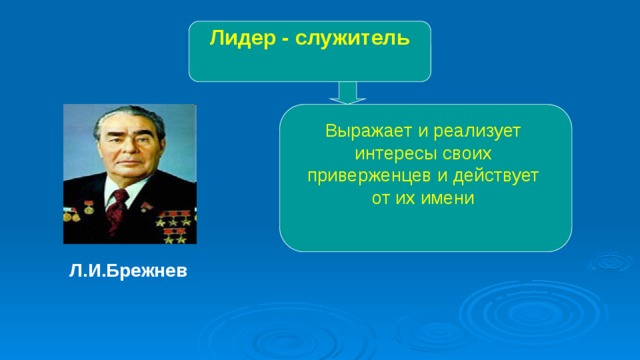 Лидер - служитель Выражает и реализует интересы своих приверженцев и действует от их имени Л.И.Брежнев 
