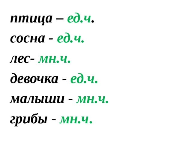 птица – ед.ч . сосна - ед.ч. лес- мн.ч. девочка - ед.ч. малыши - мн.ч. грибы - мн.ч . 