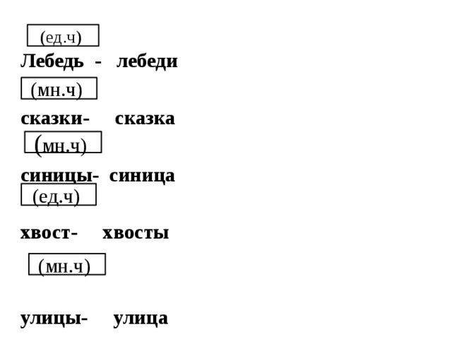 Лебедь - лебеди  сказки- сказка  синицы- синица  хвост- хвосты   улицы- улица (ед.ч) (мн.ч) ( мн.ч) (ед.ч) (мн.ч) 