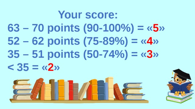 Your score: 63 – 70 points (90-100%) = « 5 » 52 – 62 points (75-89%) = « 4 » 35 – 51 points (50-74%) = « 3 »  2 »   