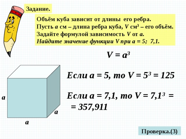 Задание. Объём куба зависит от длины его ребра. Пусть а см – длина ребра куба, V см 3 – его объём. Задайте формулой зависимость V от а. Найдите значение функции V при а = 5; 7,1. V = а 3 Если а = 5, то V = 5 3 = 125 Если а = 7,1, то V = 7,1 3 =    = 357,911 а а а Проверка.(3) 