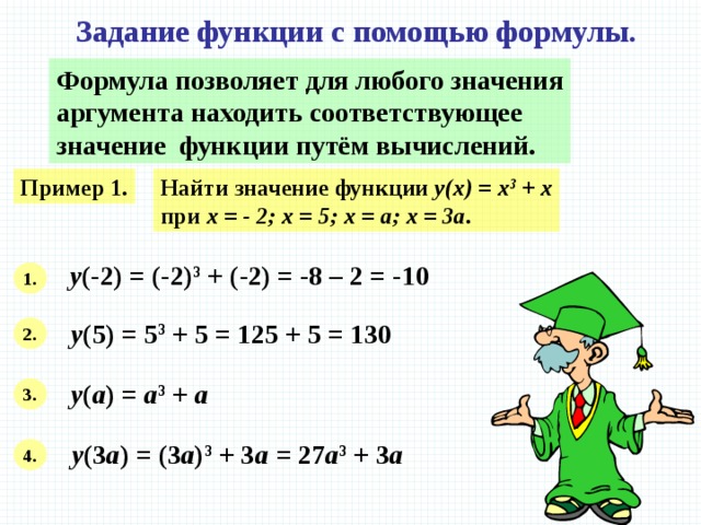 Задание функции с помощью формулы. Формула позволяет для любого значения аргумента находить соответствующее значение функции путём вычислений. Пример 1. Найти значение функции y(x) = x 3 + x при х = - 2; х = 5; х = а; х = 3а . у (-2) = (-2) 3 + (-2) = -8 – 2 = -10 1. у (5) = 5 3 + 5 = 125 + 5 = 130 2. у ( а ) = а 3 + а  3. у (3 а ) = (3 а ) 3 + 3 а = 27 а 3 + 3 а 4. 