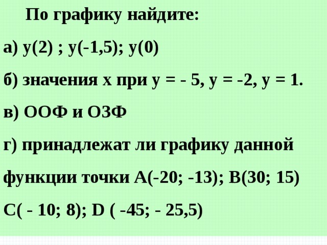  По графику найдите: а) у(2) ; у(-1,5); у(0) б) значения х при у = - 5, у = -2, у = 1. в) ООФ и ОЗФ г) принадлежат ли графику данной функции точки А(-20; -13); В(30; 15) С( - 10; 8); D ( -45; - 25,5)  