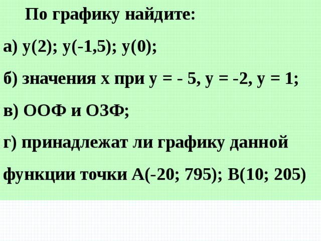  По графику найдите: а) у(2); у(-1,5); у(0); б) значения х при у = - 5, у = -2, у = 1; в) ООФ и ОЗФ; г) принадлежат ли графику данной функции точки А(-20; 795); В(10; 205)  