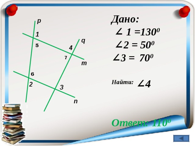 Дано: ∠ 1 = 13 0 0 ∠ 2 = 50 0 ∠ 3 =  7 0 0  Найти: ∠ 4   Ответ: 11 0 0  p 1 q 5 4 7 m 6 2 3 n 