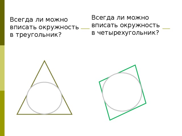 Всегда ли можно вписать окружность в четырехугольник? Всегда ли можно вписать окружность в треугольник? 
