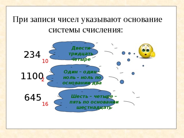 При записи чисел указывают основание системы счисления:  Двести тридцать четыре 234 10 Один – один – ноль - ноль по основании два 1100 2 Шесть – четыре – пять по основании шестнадцать  645 16 