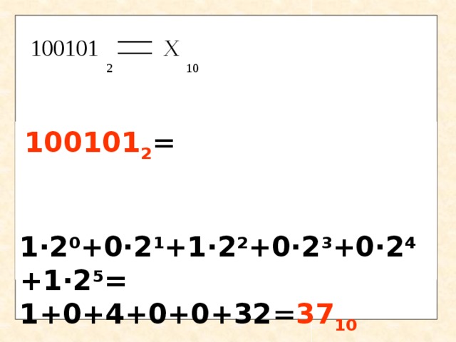 100101 Х 2 10  100101 2 = 1·2 0 +0·2 1 +1·2 2 +0·2 3 +0·2 4 +1·2 5 = 1+0+4+0+0+32 = 37 10 