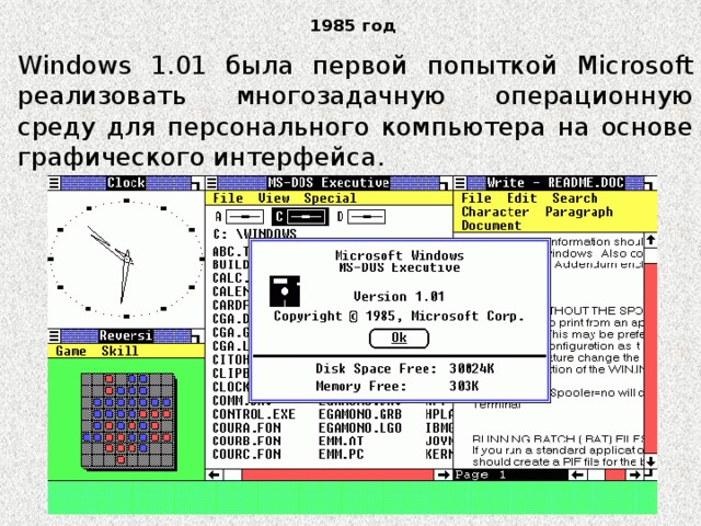1985 год Windows 1.01 была первой попыткой Microsoft реализовать многозадачную операционную среду для персонального компьютера на основе графического интерфейса. 