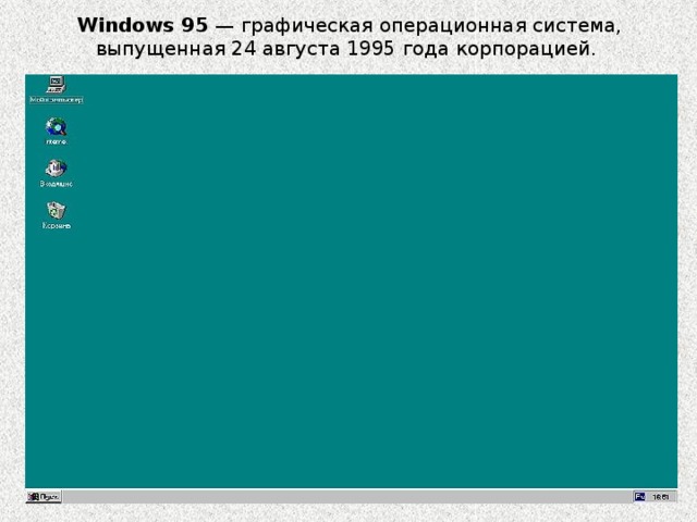 Windows 95 — графическая операционная система, выпущенная 24 августа 1995 года корпорацией. 