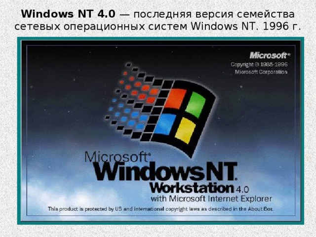 Windows NT 4.0 — последняя версия семейства сетевых операционных систем Windows NT. 1996 г. 