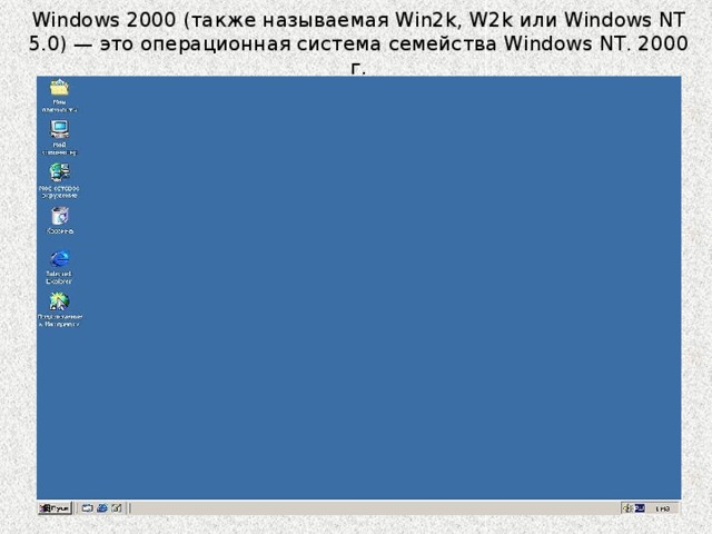 Windows 2000 (также называемая Win2k, W2k или Windows NT 5.0) — это операционная система семейства Windows NT. 2000 г. 