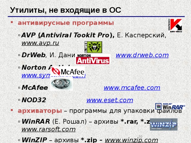 Утилиты, не входящие в ОС антивирусные программы AVP ( Antiviral Tookit Pro ), Е. Касперский, www.avp.ru  DrWeb , И. Данилов www.drweb.com  Norton Antivirus www.symantec.com  McAfee www.mcafee.com  NOD32 www.eset.com  AVP ( Antiviral Tookit Pro ), Е. Касперский, www.avp.ru  DrWeb , И. Данилов www.drweb.com  Norton Antivirus www.symantec.com  McAfee www.mcafee.com  NOD32 www.eset.com  архиваторы – программы для упаковки файлов WinRAR  (Е. Рошал) – архивы *.rar, *.zip – www.rarsoft.com  WinZIP – архивы *.zip – www.winzip.com  WinRAR  (Е. Рошал) – архивы *.rar, *.zip – www.rarsoft.com  WinZIP – архивы *.zip – www.winzip.com    