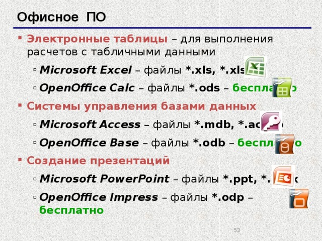 Офисное ПО Электронные таблицы – для выполнения расчетов с табличными данными Microsoft Excel – файлы *.xls, *.xlsx OpenOffice Calc – файлы *.ods – бесплатно Microsoft Excel – файлы *.xls, *.xlsx OpenOffice Calc – файлы *.ods – бесплатно Системы управления базами данных Microsoft Access – файлы *.mdb, *.accdb OpenOffice Base – файлы *.odb – бесплатно Microsoft Access – файлы *.mdb, *.accdb OpenOffice Base – файлы *.odb – бесплатно Создание презентаций Microsoft PowerPoint – файлы *.ppt, *.pptx OpenOffice Impress – файлы *.odp – бесплатно Microsoft PowerPoint – файлы *.ppt, *.pptx OpenOffice Impress – файлы *.odp – бесплатно   