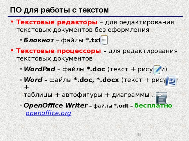 ПО для работы с текстом Текстовые редакторы – для редактирования текстовых документов без оформления Блокнот – файлы *.txt Блокнот – файлы *.txt Текстовые процессоры – для редактирования текстовых документов WordPad – файлы *.doc (текст + рисунки) Word  – файлы *.doc, *.docx (текст + рисунки +  таблицы + автофигуры + диаграммы …) OpenOffice Writer  – файлы *.odt – бесплатно   openoffice.org  WordPad – файлы *.doc (текст + рисунки) Word  – файлы *.doc, *.docx (текст + рисунки +  таблицы + автофигуры + диаграммы …) OpenOffice Writer  – файлы *.odt – бесплатно   openoffice.org    