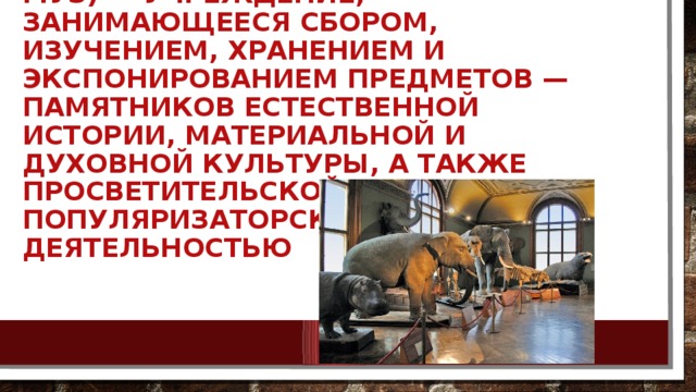 Музе́й (от греч. μουσεῖον — Дом Муз) — учреждение, занимающееся сбором, изучением, хранением и экспонированием предметов — памятников естественной истории, материальной и духовной культуры, а также просветительской и популяризаторской деятельностью. 