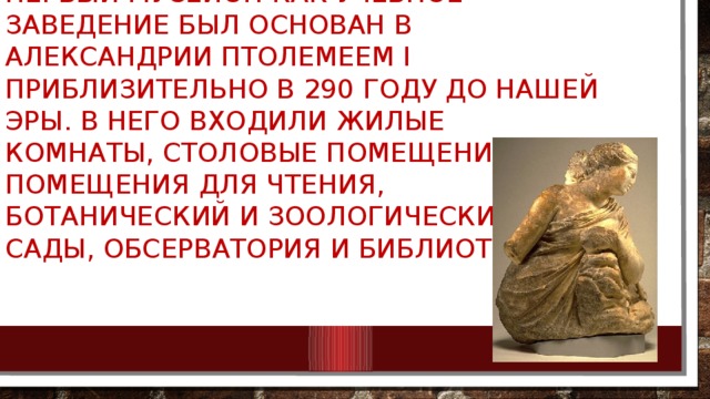 Первый Мусейон как учебное заведение был основан в Александрии Птолемеем I приблизительно в 290 году до нашей эры. В него входили жилые комнаты, столовые помещения, помещения для чтения, ботанический и зоологический сады, обсерватория и библиотека. 