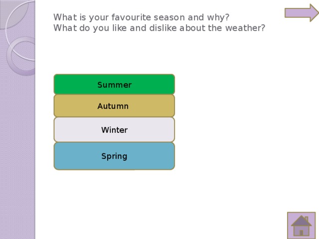What is your favourite season and why?  What do you like and dislike about the weather?   Summer Autumn Winter Spring 