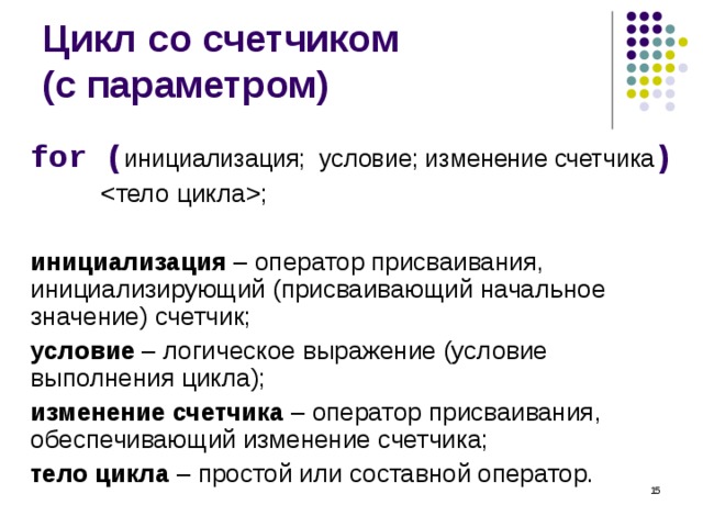 Цикл со счетчиком  (с параметром) for ( инициализация; условие; изменение счетчика )   ; инициализация – оператор присваивания, инициализирующий (присваивающий начальное значение) счетчик; условие – логическое выражение (условие выполнения цикла); изменение счетчика – оператор присваивания, обеспечивающий изменение счетчика; тело цикла – простой или составной оператор.  
