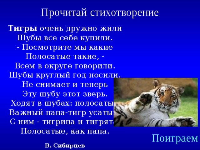 Прочитай стихотворение Тигры  очень дружно жили  Шубы все себе купили.  - Посмотрите мы какие  Полосатые такие, -  Всем в округе говорили.  Шубы круглый год носили.  Не снимает и теперь  Эту шубу этот зверь.  Ходят в шубах: полосатый  Важный папа-тигр усатый.  С ним - тигрица и тигрята,  Полосатые, как папа.   В. Сибирцев Created by Unregisterd version of Xtreme Compressor Поиграем  