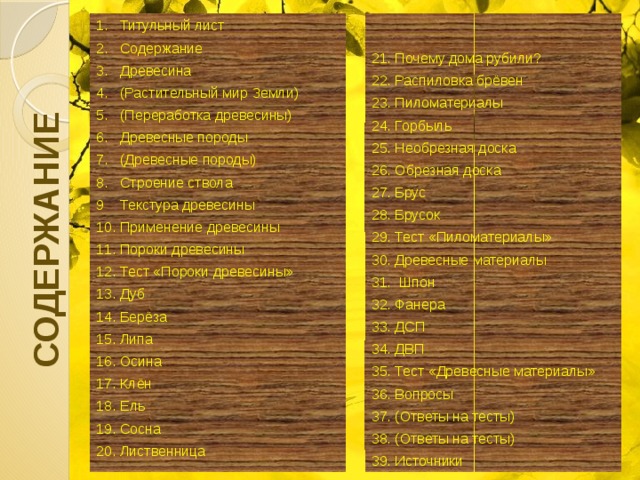 СОДЕРЖАНИЕ 1. Титульный лист 21. Почему дома рубили? 2. Содержание 22. Распиловка брёвен 3. Древесина 23. Пиломатериалы 4. (Растительный мир Земли) 24. Горбыль 5. (Переработка древесины) 25. Необрезная доска 6. Древесные породы 26. Обрезная доска 27. Брус 7. (Древесные породы) 8. Строение ствола 28. Брусок 29. Тест «Пиломатериалы» 9 Текстура древесины 30. Древесные материалы 10. Применение древесины 31. Шпон 11. Пороки древесины 32. Фанера 12. Тест «Пороки древесины» 33. ДСП 13. Дуб 34. ДВП 14. Берёза 35. Тест «Древесные материалы» 15. Липа 36. Вопросы 16. Осина 37. (Ответы на тесты) 17. Клён 38. (Ответы на тесты) 18. Ель 39. Источники 19. Сосна 20. Лиственница 