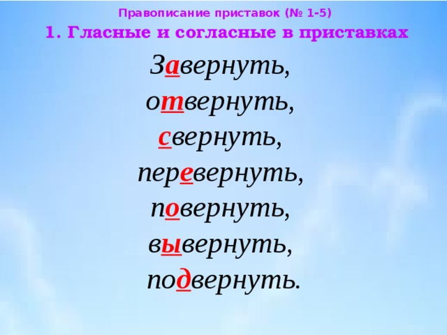 Правописание приставок (№ 1-5) 1. Гласные и согласные в приставках З а вернуть,  о т вернуть,  с вернуть,  пер е вернуть,  п о вернуть,  в ы вернуть,  по д вернуть. 