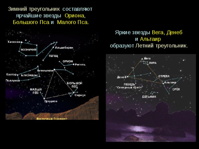 Зимний треугольник   составляют  ярчайшие звезды  Ориона , Большого Пса  и  Малого Пса . Яркие звезды  Вега , Денеб   и  Альтаир   образуют  Летний треугольник . 