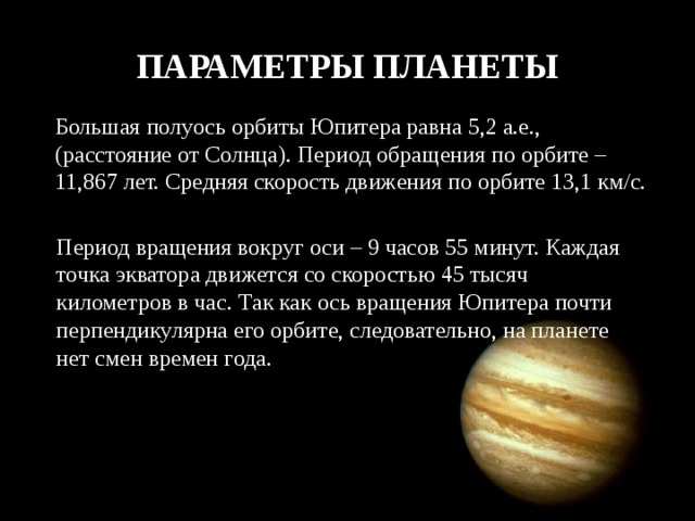 ПАРАМЕТРЫ ПЛАНЕТЫ Большая полуось орбиты Юпитера равна 5,2 а.е., (расстояние от Солнца). Период обращения по орбите – 11,867 лет. Средняя скорость движения по орбите 13,1 км/с. Период вращения вокруг оси – 9 часов 55 минут. Каждая точка экватора движется со скоростью 45 тысяч километров в час. Так как ось вращения Юпитера почти перпендикулярна его орбите, следовательно, на планете нет смен времен года.  