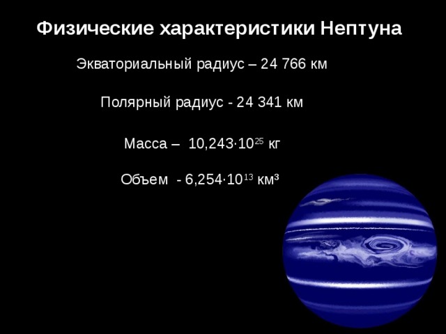 Физические характеристики Нептуна Экваториальный радиус – 24 766 км  Полярный радиус - 24 341 км Масса – 10,243·10 25  кг   Объем - 6,254·10 13  км³ 