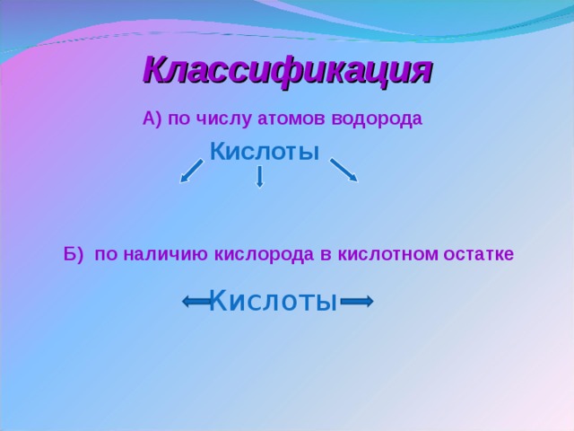 Классификация А) по числу атомов водорода Кислоты  Б) по наличию кислорода в кислотном остатке Кислоты