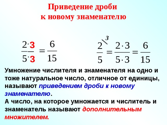 Приведение дроби к новому знаменателю  3 3  3 Умножение числителя и знаменателя на одно и тоже натуральное число, отличное от единицы, называют приведением дроби к новому знаменателю . А число, на которое умножается и числитель и знаменатель называют дополнительным множителем. 4 