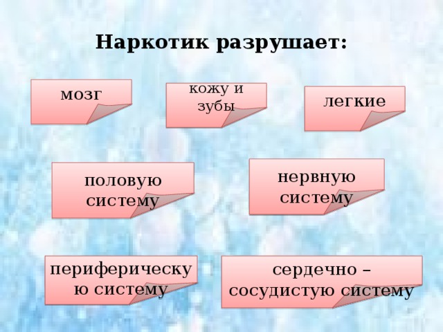 Наркотики – это вещества, действующие на мозг, вызывающие привыкание и изменяющие сознание. При употреблении наркотиков развивается тяжелая и трудноизлечимая (эффективность лечения не более 5 %) болезнь – наркомания . При употреблении лекарственных и токсических веществ возникает болезнь – токсикомания . При вдыхании паров клея, растворителя развивается слабоумие. 