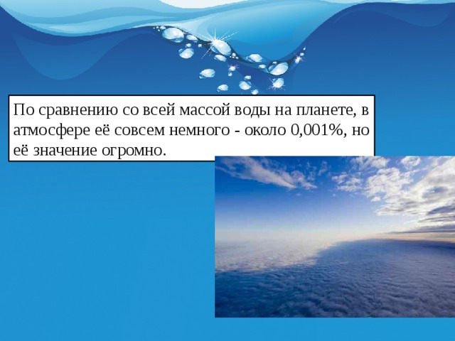 По сравнению со всей массой воды на планете, в атмосфере её совсем немного - около 0,001%, но её значение огромно. 