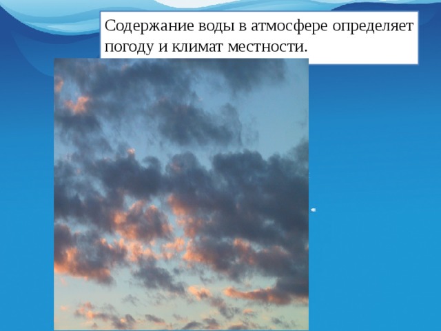 Содержание воды в атмосфере определяет погоду и климат местности. 