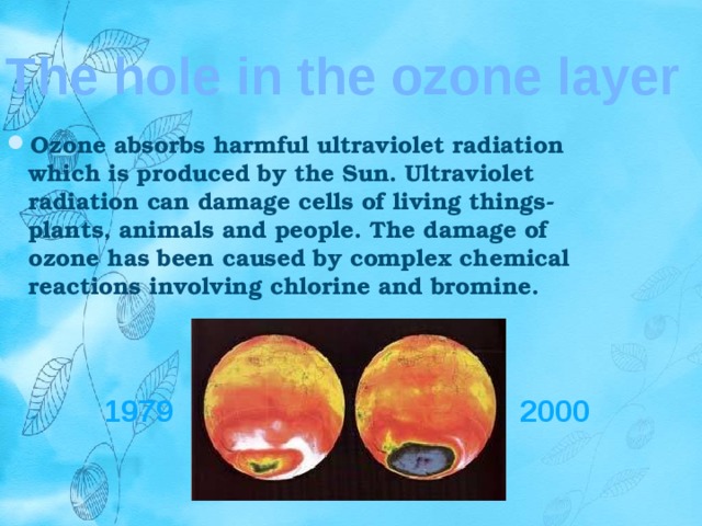 The hole in the ozone layer Ozone absorbs harmful ultraviolet radiation which is produced by the Sun. Ultraviolet radiation can damage cells of living things- plants, animals and people. The damage of ozone has been caused by complex chemical reactions involving chlorine and bromine. 1979 2000 