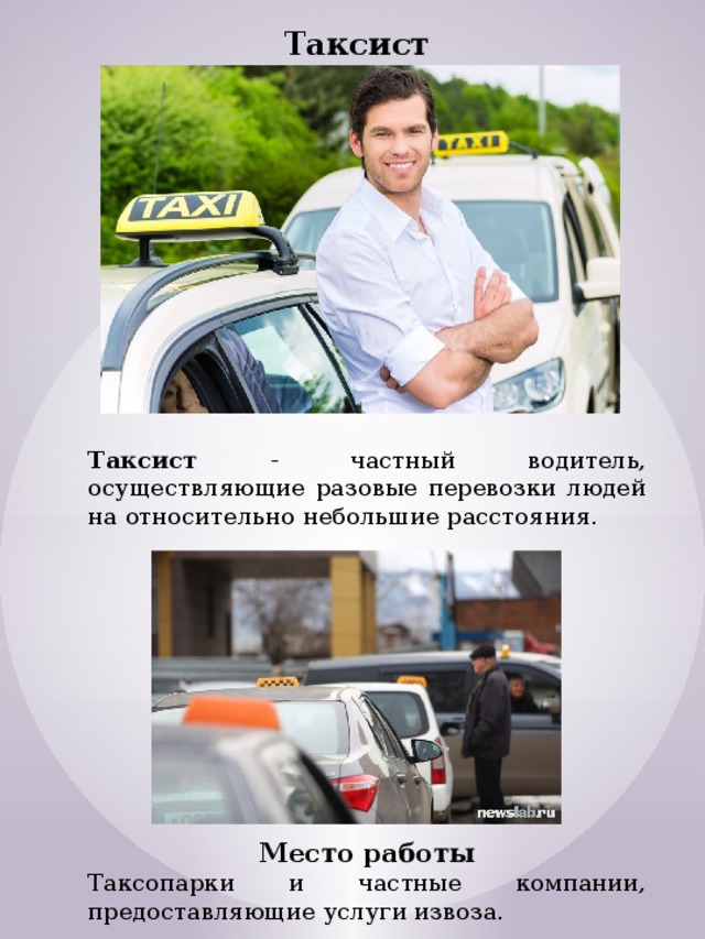 Таксист Таксист - частный водитель, осуществляющие разовые перевозки людей на относительно небольшие расстояния. Место работы Таксопарки и частные компании, предоставляющие услуги извоза. 